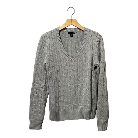 Tommy Hilfiger Women's Sweater Cable Knit V Neck 100% Cotton Size Large - Picture 1 of 6